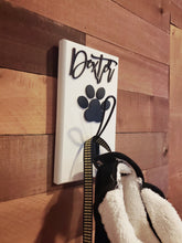 Load image into Gallery viewer, Pet name sign with leash hook, Dog sign, pet gift, Personalized pet gift, pet decor, wood dog sign, pet hook for wall
