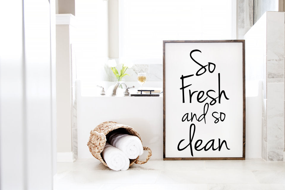 So Fresh and so Clean Farmhouse Framed Bathroom Sign.  The sign can be ordered in three different sizes.  14in x 20in or 16in x 20in or 16in x 24in.  Perfect sign to finish off that bathroom design.  