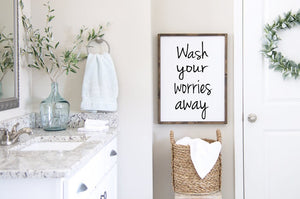 Wash your worries away, bathroom wall decor, farmhouse bathroom, bathroom wall art, bathroom decor, wood sign, laser cut sign