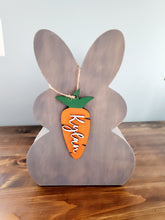 Load image into Gallery viewer, Personalized Wooden Easter Basket with Name Tags / Wooden Carrot Name Tags / Wooden Name Labels / Wooden Easter Labels / Easter basket gifts
