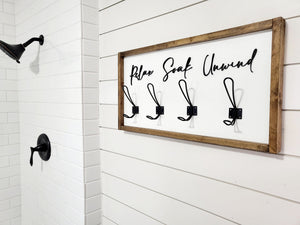 3D Relax Soak Unwind sign with hooks, Wood Bathroom sign, farmhouse bathroom decor, Towel Holder, Towel Rack, Bathroom Hooks, Pool storage
