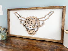 Load image into Gallery viewer, 3D Highland Cow wood framed sign, highland cow boho decor, boho decoration, Highland cow decor, wood cow picture
