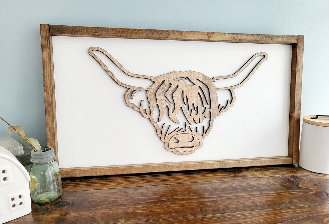 3D Highland Cow wood framed sign, highland cow boho decor, boho decoration, Highland cow decor, wood cow picture