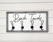 Load image into Gallery viewer, 3D Beach towel sign with hooks, Wood Bathroom sign, farmhouse bathroom decor, Towel Holder, Towel Rack, Bathroom Hooks, Pool storage

