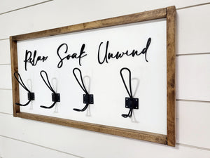 3D Relax Soak Unwind sign with hooks, Wood Bathroom sign, farmhouse bathroom decor, Towel Holder, Towel Rack, Bathroom Hooks, Pool storage