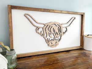 3D Highland Cow wood framed sign, highland cow boho decor, boho decoration, Highland cow decor, wood cow picture