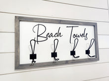 Load image into Gallery viewer, 3D Beach towel sign with hooks, Wood Bathroom sign, farmhouse bathroom decor, Towel Holder, Towel Rack, Bathroom Hooks, Pool storage
