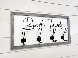 3D Beach towel sign with hooks, Wood Bathroom sign, farmhouse bathroom decor, Towel Holder, Towel Rack, Bathroom Hooks, Pool storage