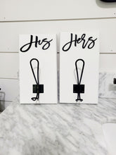 Load image into Gallery viewer, 3D Set of His and Hers Hooks, Wood Bathroom sign, Coat Hooks, Wedding Decor, Towel Holder, Towel Rack, Bathroom Hooks, Custom towel hooks
