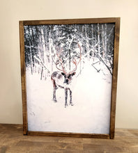 Load image into Gallery viewer, Reindeer winter scene sign, Christmas Decor, Christmas wood sign, Reindeer Picture, Christmas Print, Christmas Scene, Old Fashion Reindeer

