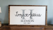 Load image into Gallery viewer, Personalized Last Name Sign with Names, Established sign, Wedding Gift, Wedding Prop Sign, Personalized Wedding Gift, Bridal Shower Gift
